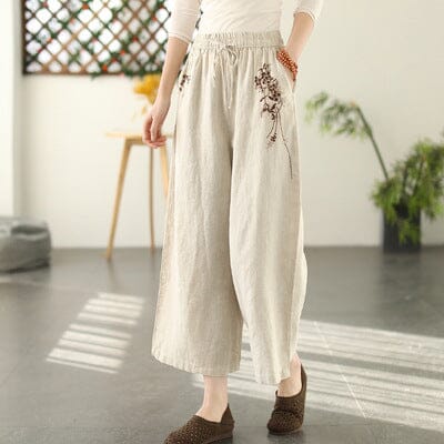 Women Spring Retro Embroidery Linen Loose Wide Leg Pants