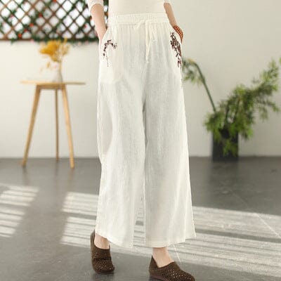 Women Spring Retro Embroidery Linen Loose Wide Leg Pants Feb 2023 New Arrival White One Size 