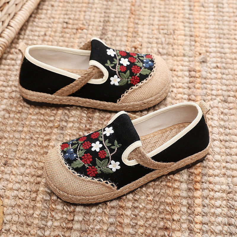 Women Spring Retro Floral Embroidery Linen Casual Shoes
