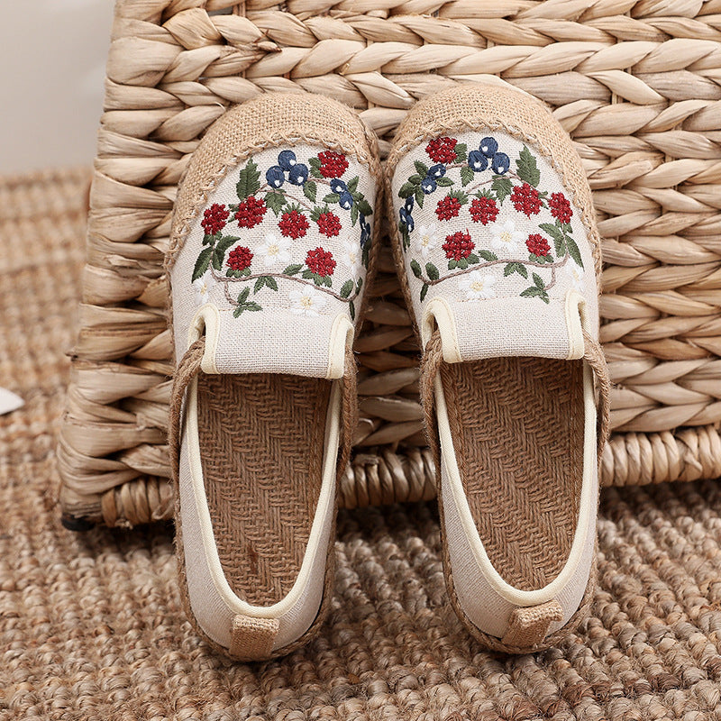 Women Spring Retro Floral Embroidery Linen Casual Shoes