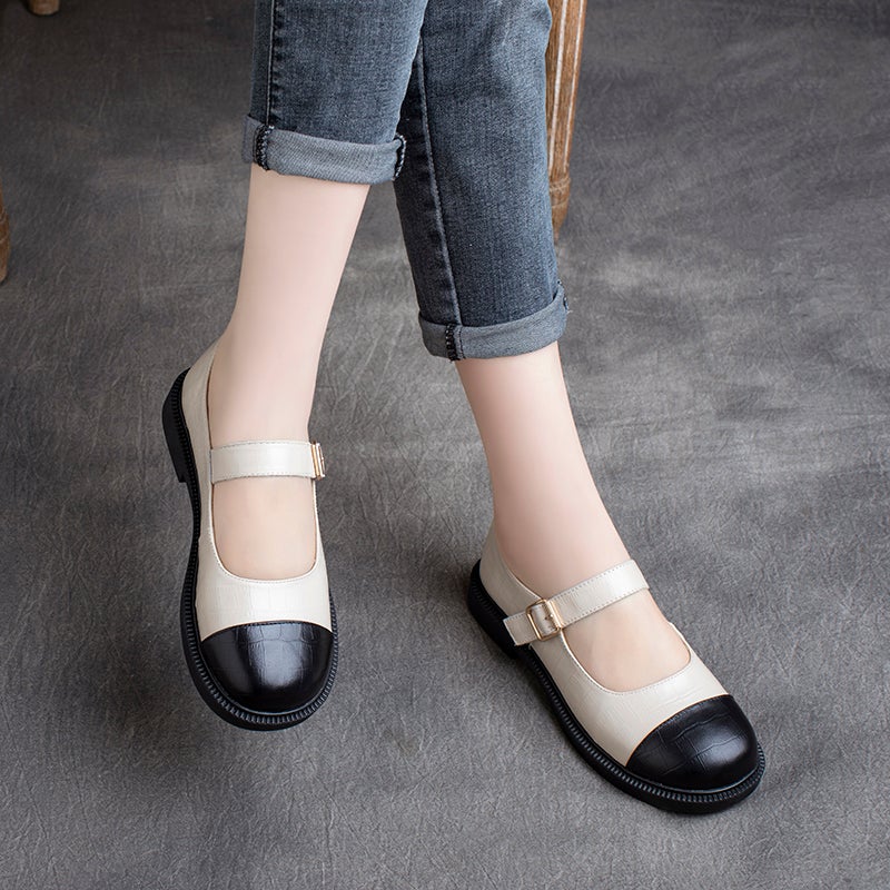 Women Spring Retro Leather Velcro Soft Sole Loafers Jan 2022 New Arrival 35 Black 