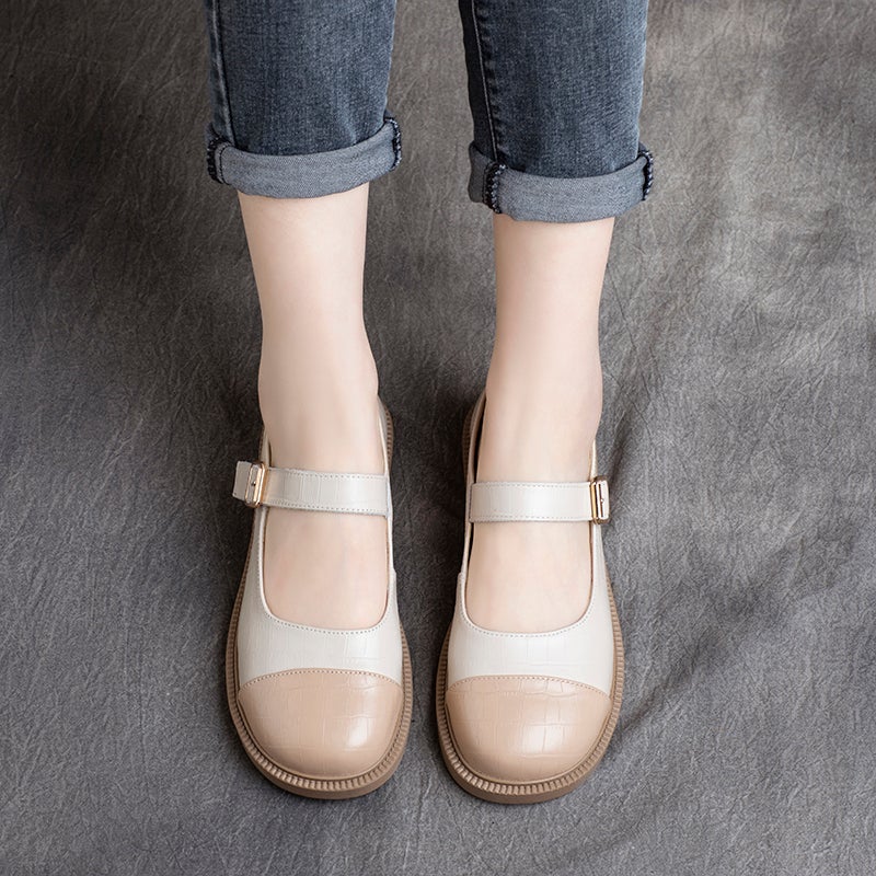 Women Spring Retro Leather Velcro Soft Sole Loafers