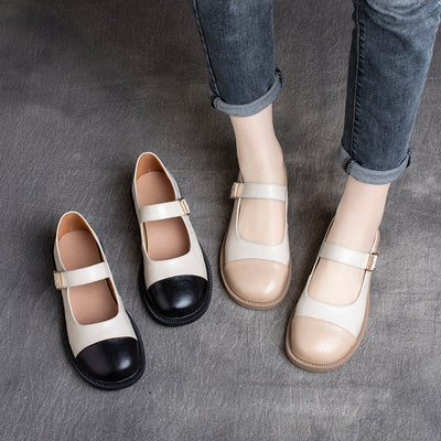Women Spring Retro Leather Velcro Soft Sole Loafers