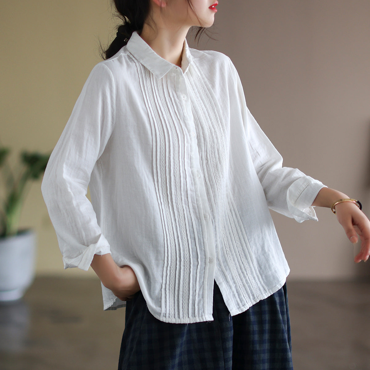 Women Spring Retro Long Sleeve Stripe Cotton Blouse