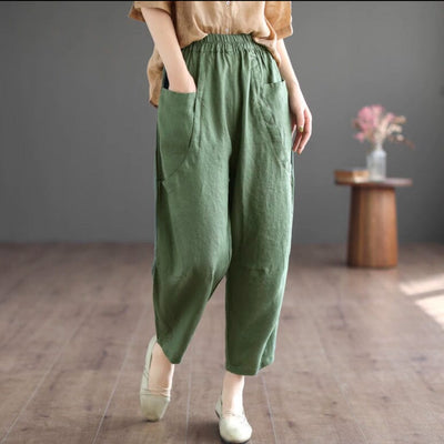 Women Spring Retro Loose Casual Linen Pants Mar 2023 New Arrival Green One Size 