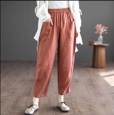 Women Spring Retro Loose Casual Linen Pants Mar 2023 New Arrival Orange One Size 