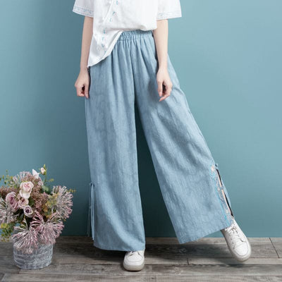 Women Spring Retro Loose Cotton Linen Wide Leg Pants Mar 2023 New Arrival One Size Blue 