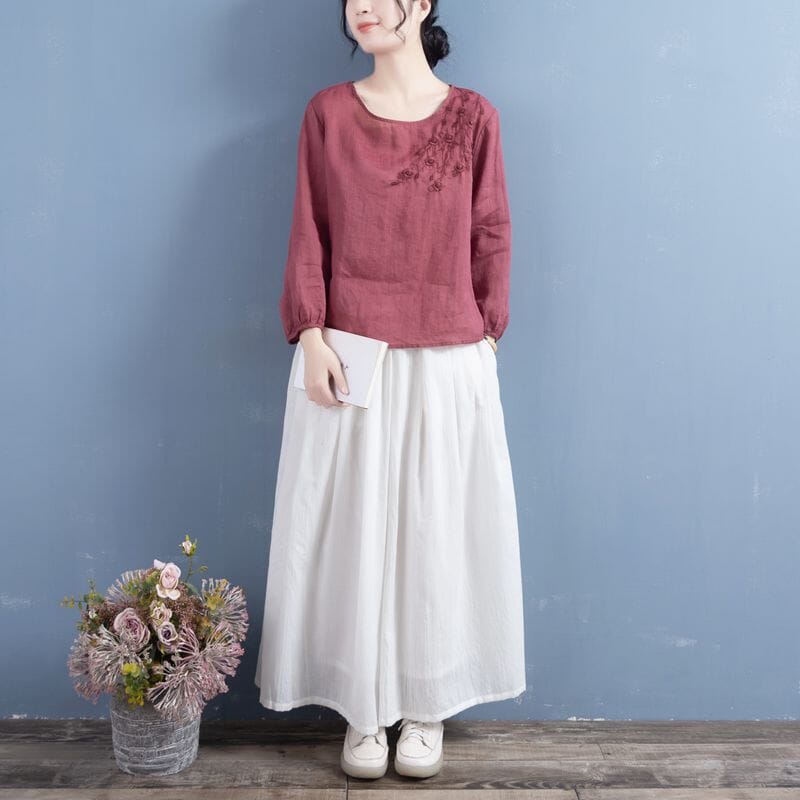 Women Spring Retro Loose Embroidery Linen T-Shirt Feb 2023 New Arrival 