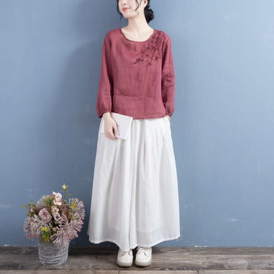 Women Spring Retro Loose Embroidery Linen T-Shirt Feb 2023 New Arrival 