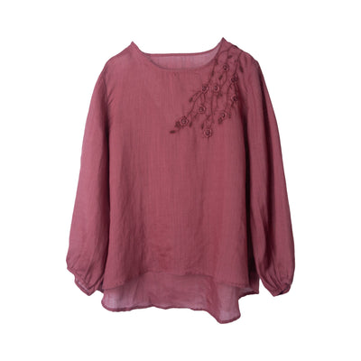 Women Spring Retro Loose Embroidery Linen T-Shirt