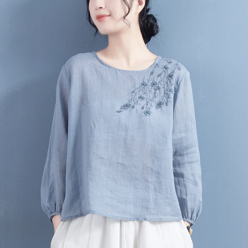 Women Spring Retro Loose Embroidery Linen T-Shirt Feb 2023 New Arrival One Size Blue 