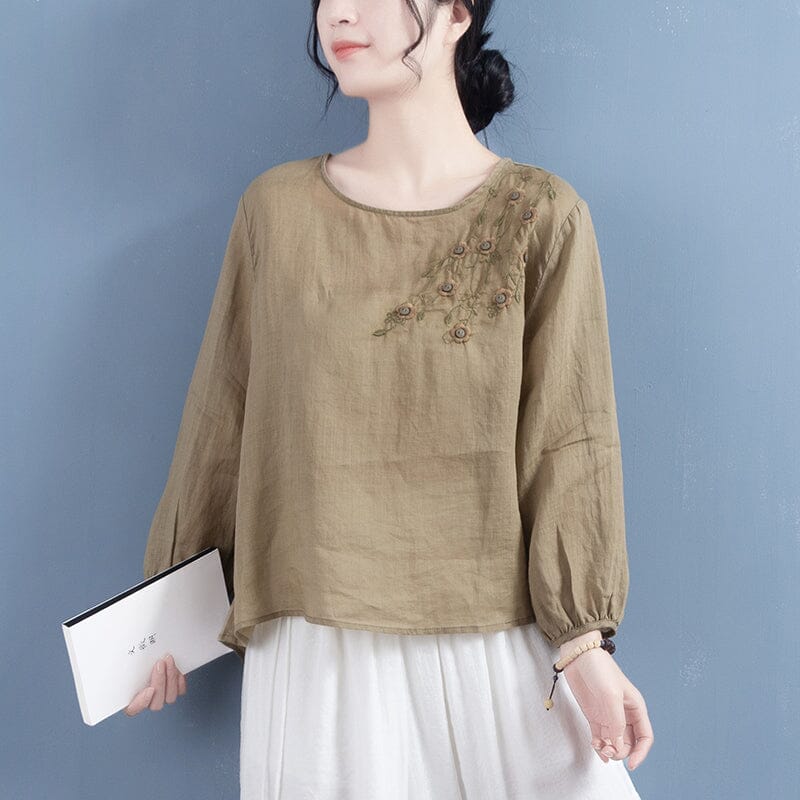 Women Spring Retro Loose Embroidery Linen T-Shirt Feb 2023 New Arrival One Size Dark Khaki 