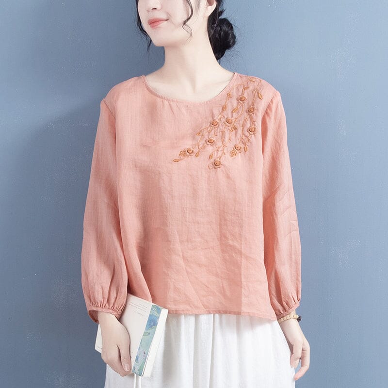 Women Spring Retro Loose Embroidery Linen T-Shirt Feb 2023 New Arrival One Size Pink 