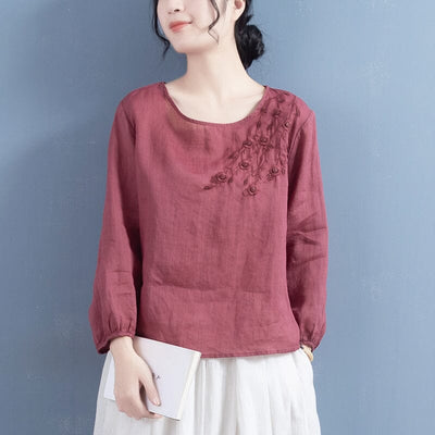 Women Spring Retro Loose Embroidery Linen T-Shirt Feb 2023 New Arrival One Size Red 