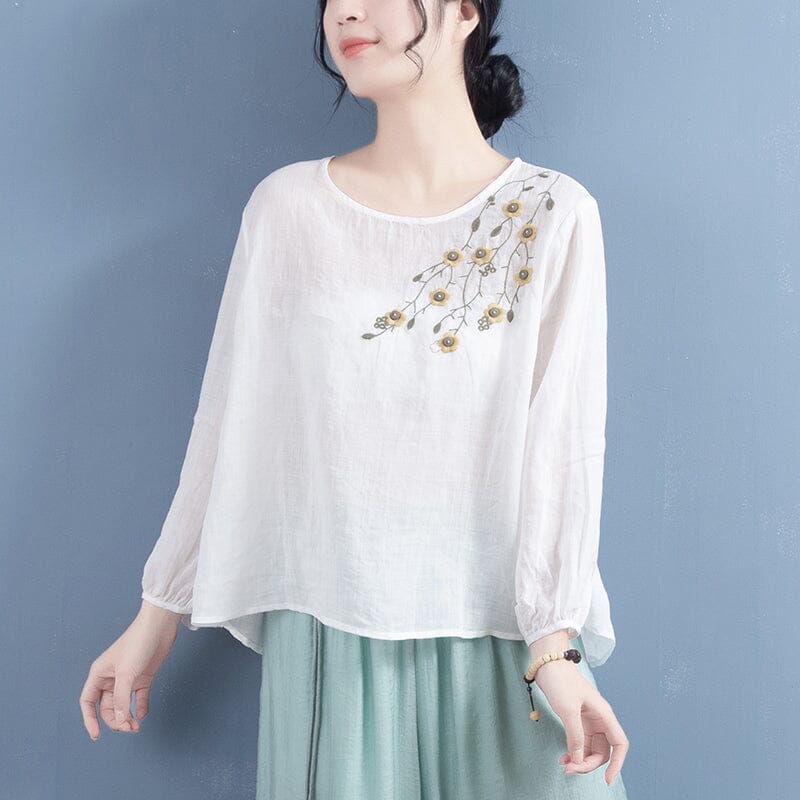 Women Spring Retro Loose Embroidery Linen T-Shirt Feb 2023 New Arrival One Size White 