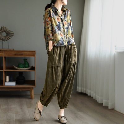 Women Spring Retro Print Loose Overlength Blouse Mar 2023 New Arrival 