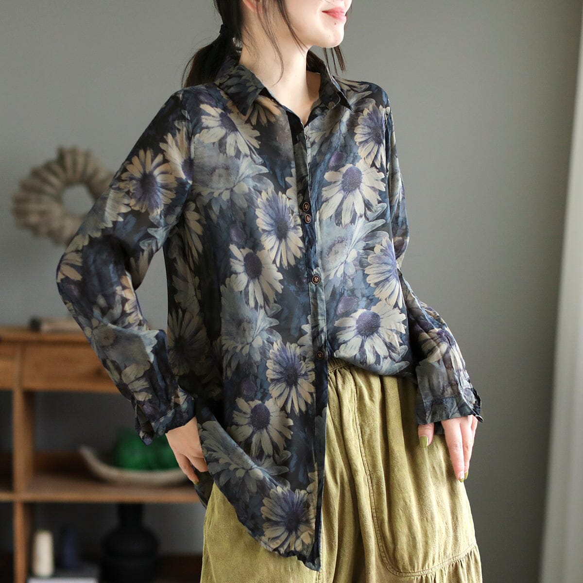 Women Spring Retro Print Loose Overlength Blouse Mar 2023 New Arrival 