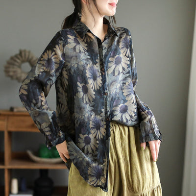 Women Spring Retro Print Loose Overlength Blouse Mar 2023 New Arrival One Size Blue 
