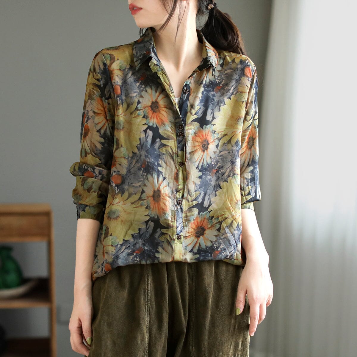 Women Spring Retro Print Loose Overlength Blouse Mar 2023 New Arrival One Size Yellow 