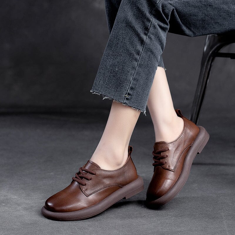 Women Spring Retro Soft Leather Flat Casual Shoes