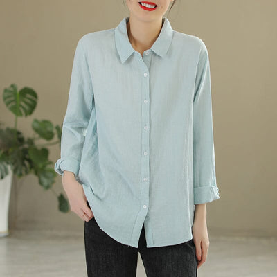 Women Spring Solid Casual Cotton Blouse Mar 2023 New Arrival M Light Blue 