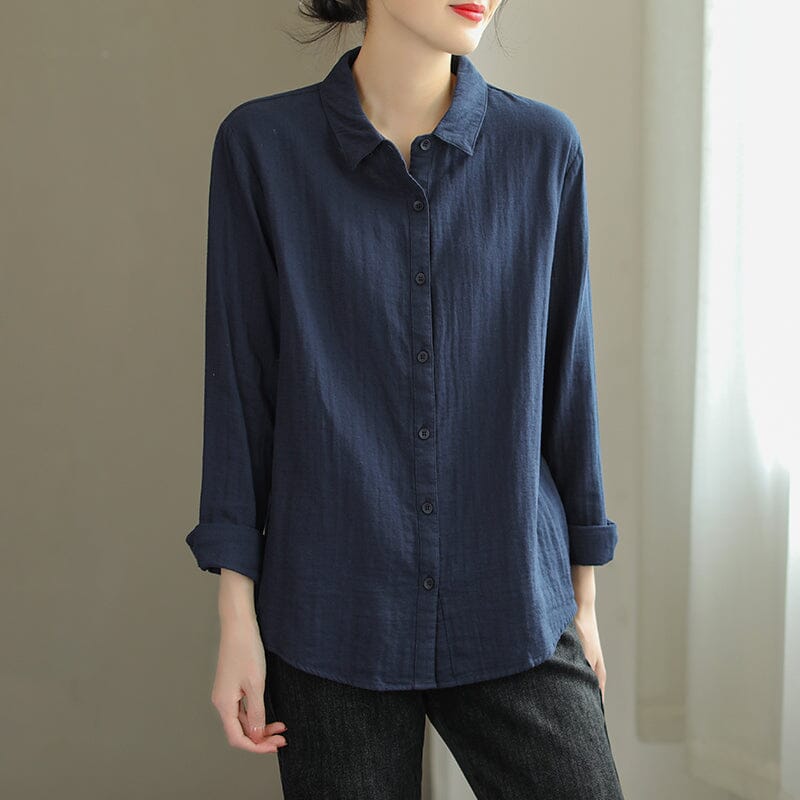 Women Spring Solid Casual Cotton Blouse Mar 2023 New Arrival M Navy 