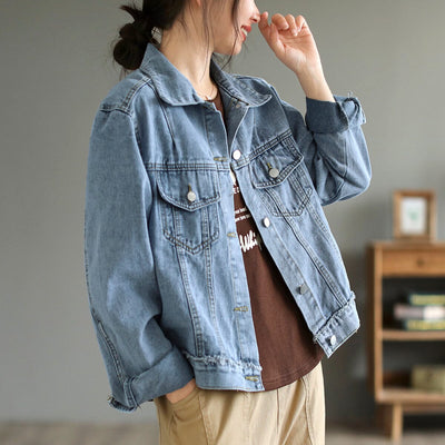 Women Spring Solid Casual Cotton Denim Jacket Feb 2023 New Arrival One Size Blue 