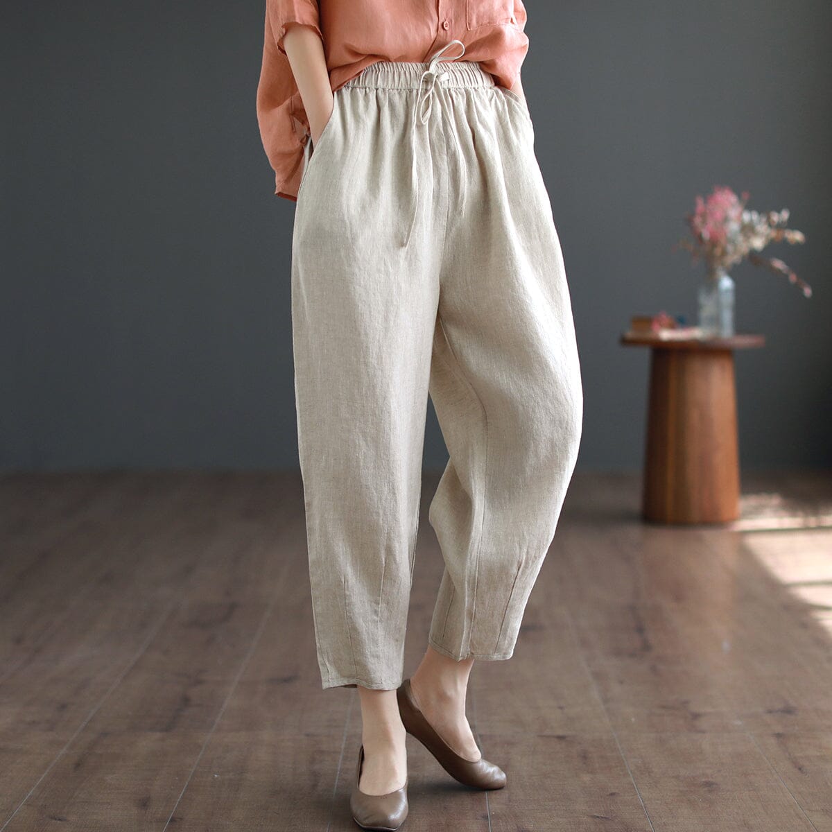 Women Spring Solid Linen Loose Casual Pants