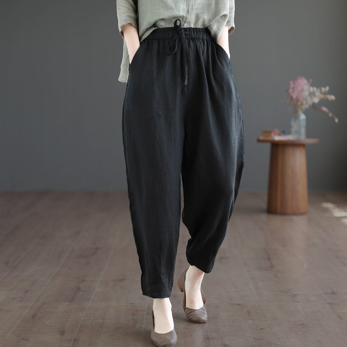 Women Spring Solid Linen Loose Casual Pants May 2023 New Arrival One Size Black 
