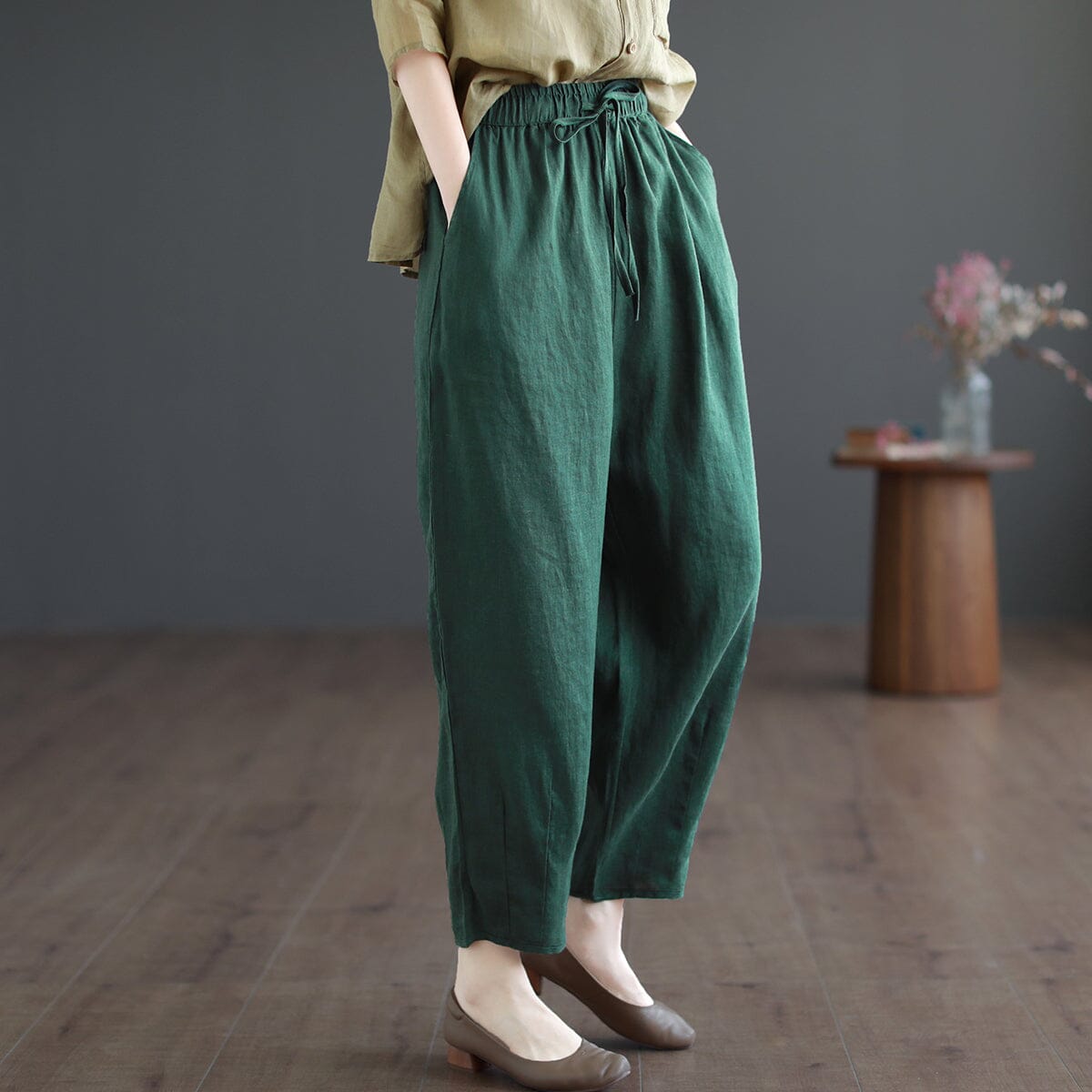 Women Spring Solid Linen Loose Casual Pants May 2023 New Arrival One Size Green 