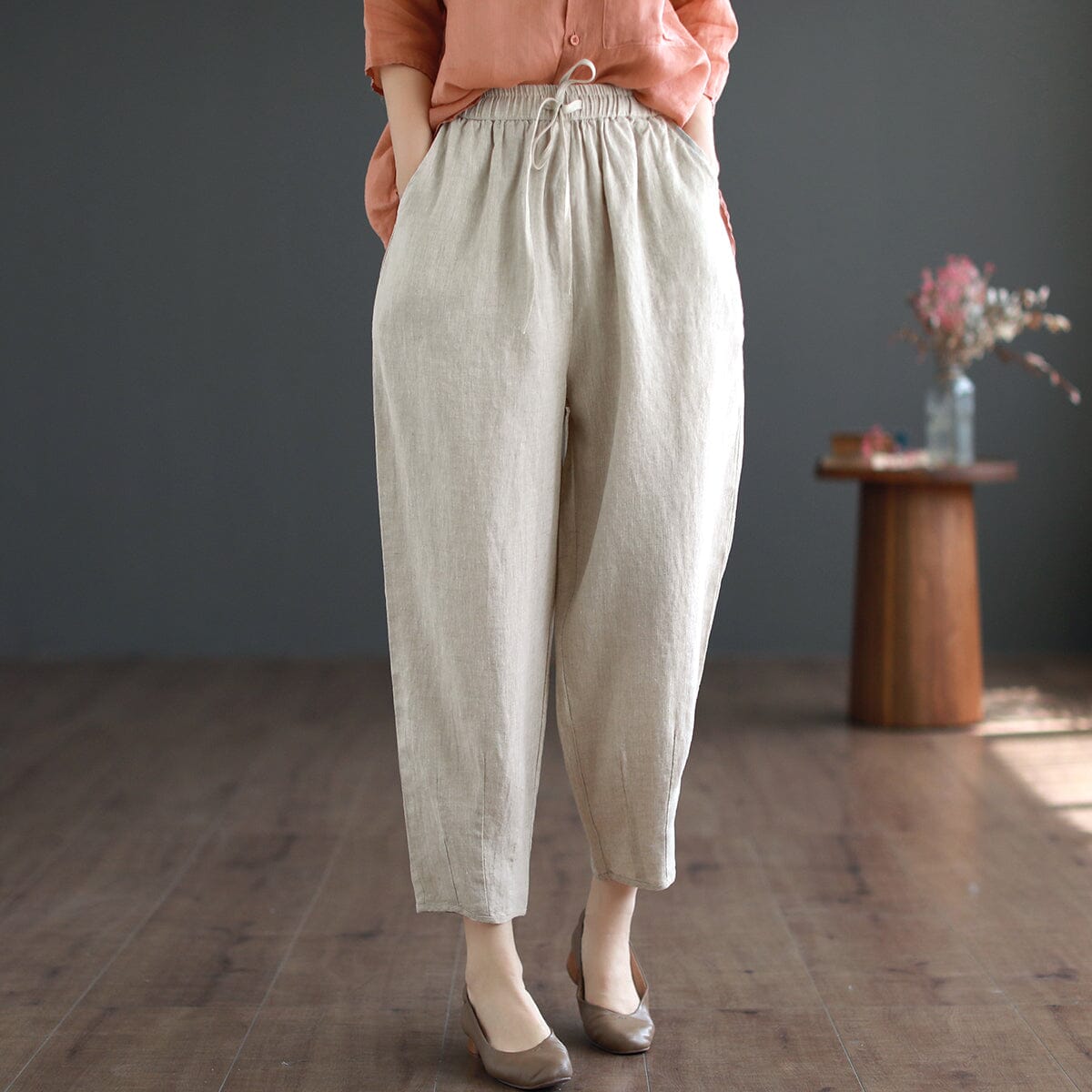 Women Spring Solid Linen Loose Casual Pants May 2023 New Arrival One Size Linen 