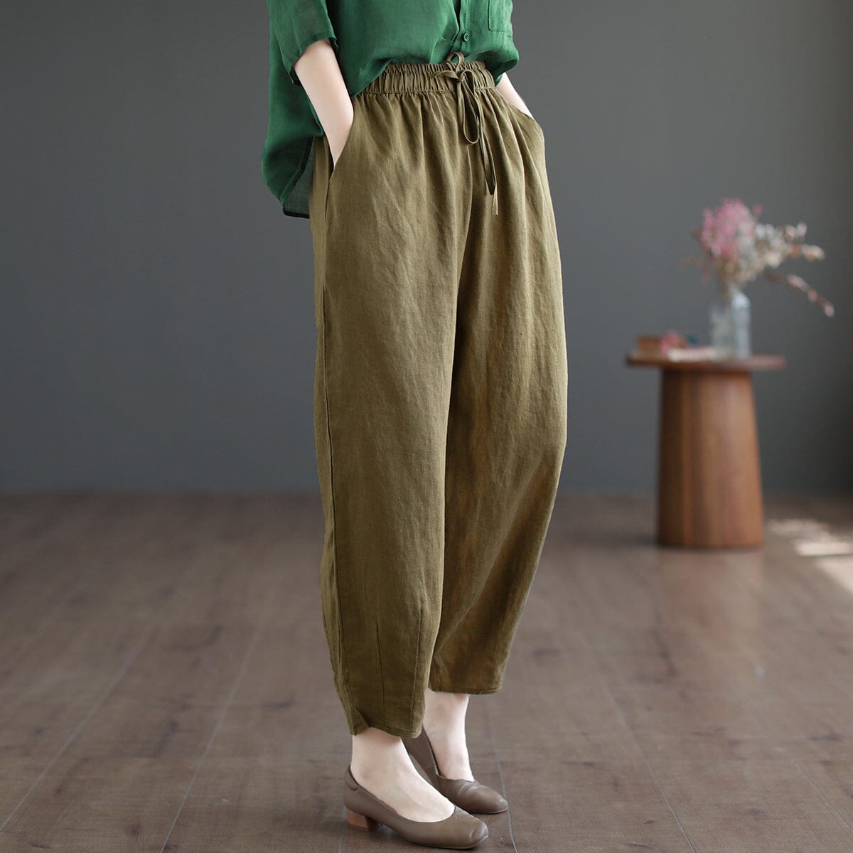 Women Spring Solid Linen Loose Casual Pants May 2023 New Arrival One Size Yellow/Green 
