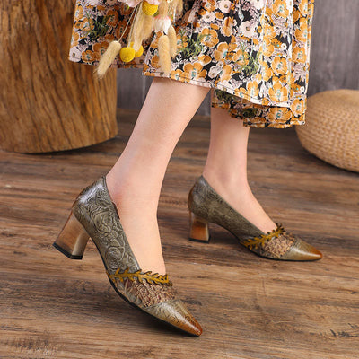 Women Spring Summer Leather Retro High Heel Casual Shoes