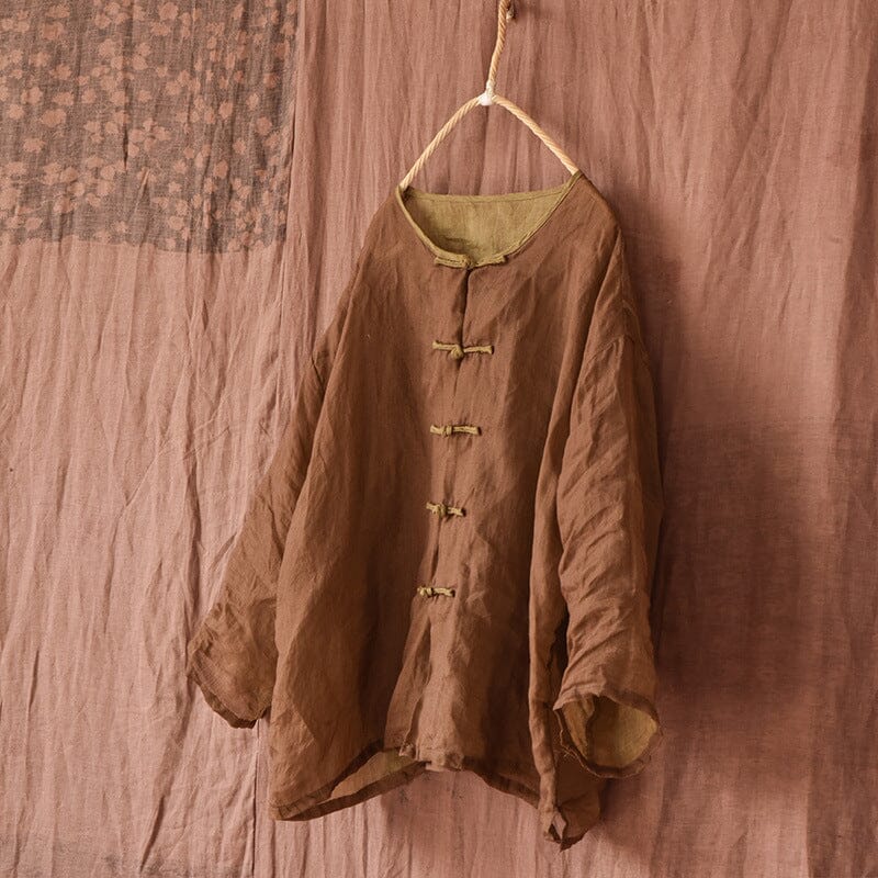 Women Spring Summer Loose Linen Blouse Apr 2023 New Arrival Brown One Size 