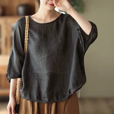 Women Spring Summer Loose Linen Solid T-Shirt Apr 2023 New Arrival Black One Size 