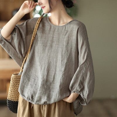 Women Spring Summer Loose Linen Solid T-Shirt Apr 2023 New Arrival Gray One Size 