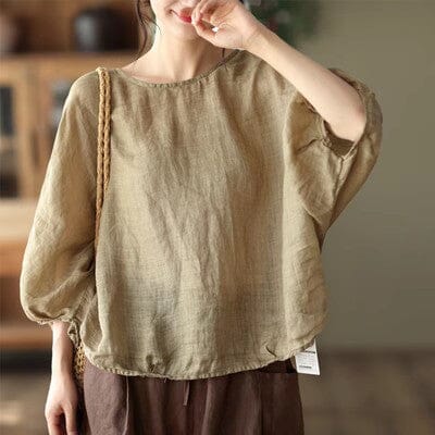 Women Spring Summer Loose Linen Solid T-Shirt Apr 2023 New Arrival Green One Size 