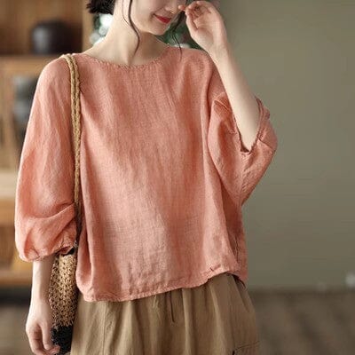 Women Spring Summer Loose Linen Solid T-Shirt Apr 2023 New Arrival Orange One Size 