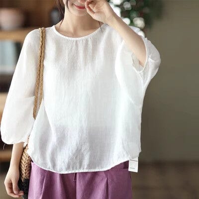 Women Spring Summer Loose Linen Solid T-Shirt Apr 2023 New Arrival White One Size 