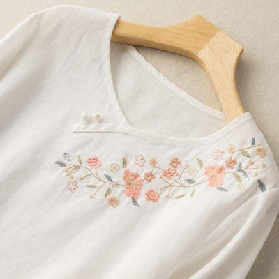 Women Spring Summer Retro Floral Embroidery Cotton Linen T-Shirt Jan 2022 New Arrival 