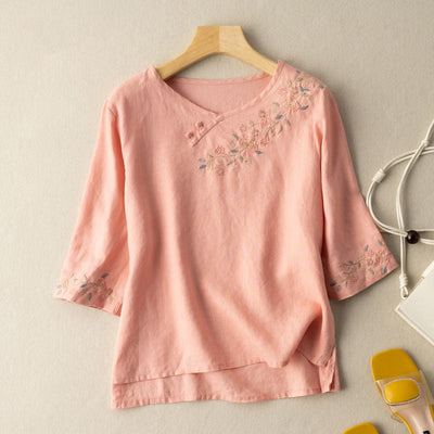 Women Spring Summer Retro Floral Embroidery Cotton Linen T-Shirt