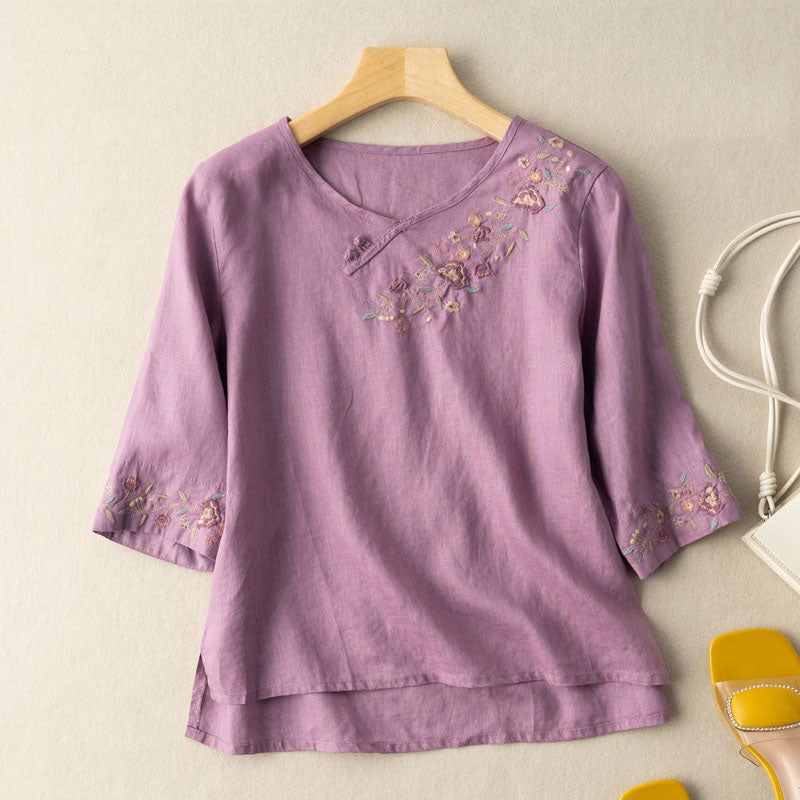 Women Spring Summer Retro Floral Embroidery Cotton Linen T-Shirt Jan 2022 New Arrival M Purple 