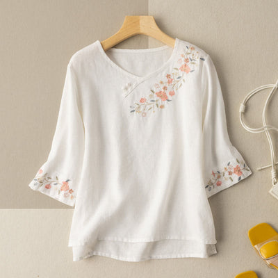 Women Spring Summer Retro Floral Embroidery Cotton Linen T-Shirt Jan 2022 New Arrival M White 