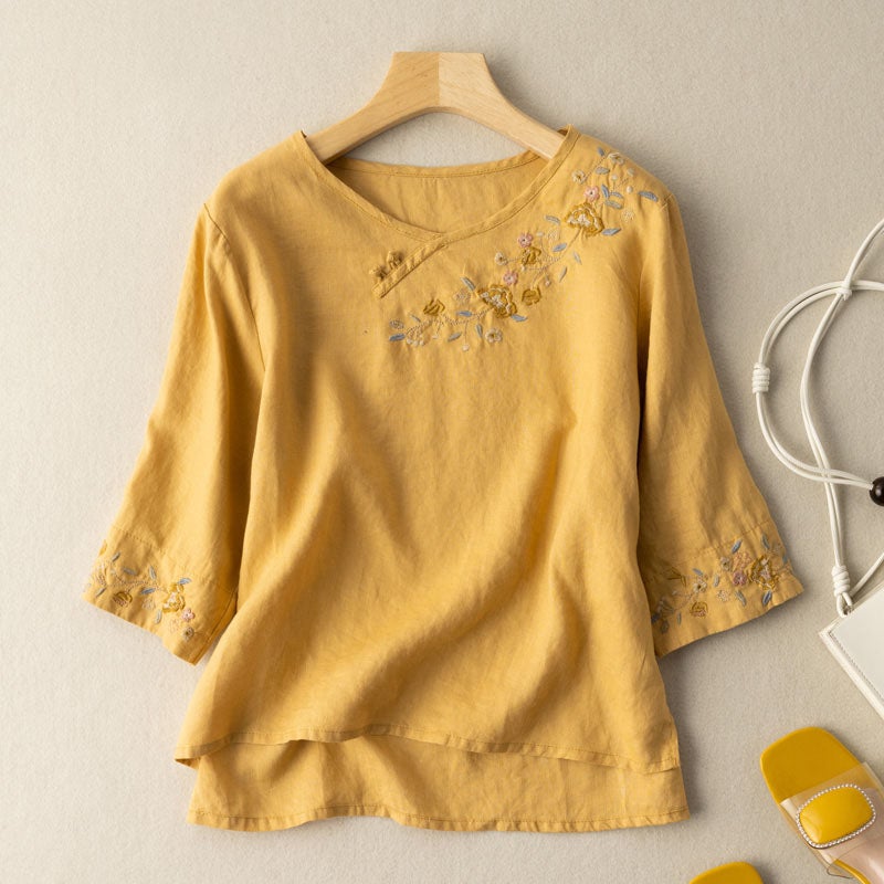 Women Spring Summer Retro Floral Embroidery Cotton Linen T-Shirt Jan 2022 New Arrival M Yellow 