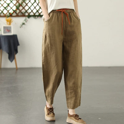 Women Spring Summer Solid Casual Linen Pants Jul 2023 New Arrival Khaki S 