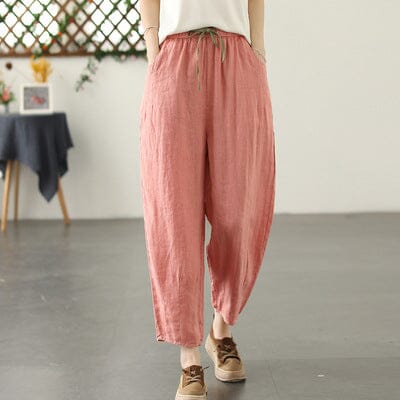 Women Spring Summer Solid Casual Linen Pants Jul 2023 New Arrival Pink S 