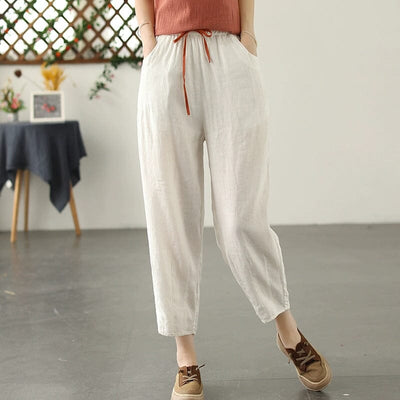 Women Spring Summer Solid Casual Linen Pants Jul 2023 New Arrival White S 