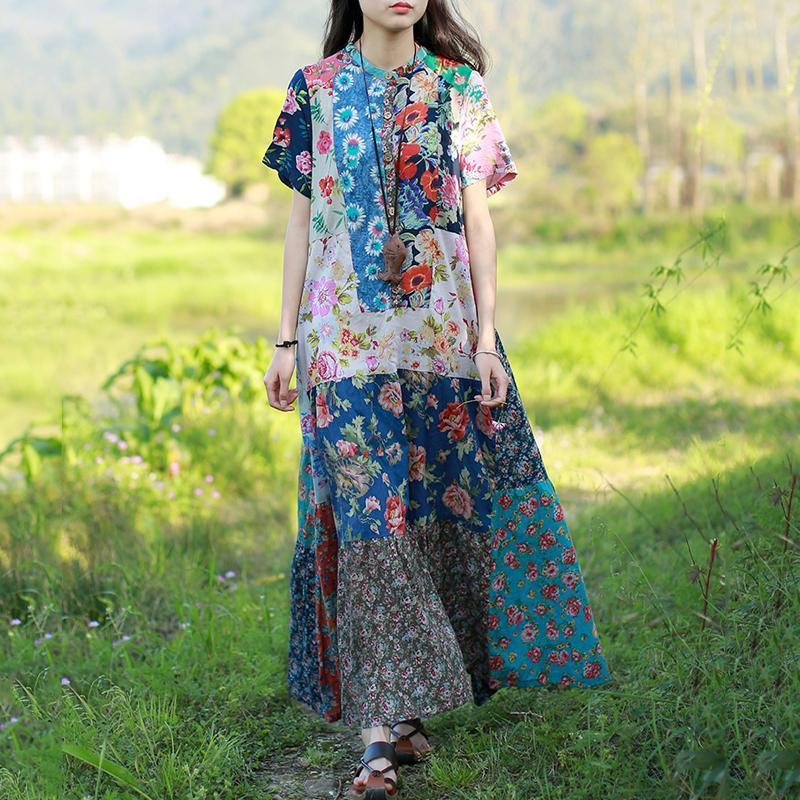 Women Stand Collar Cotton Paneled Printed Maxi Short Sleeve Dress – Babakud