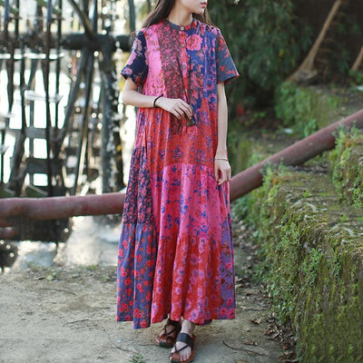 Women Stand Collar Cotton Paneled Printed Maxi Short Sleeve Dress 2019 Jun New One Size Rose Red 