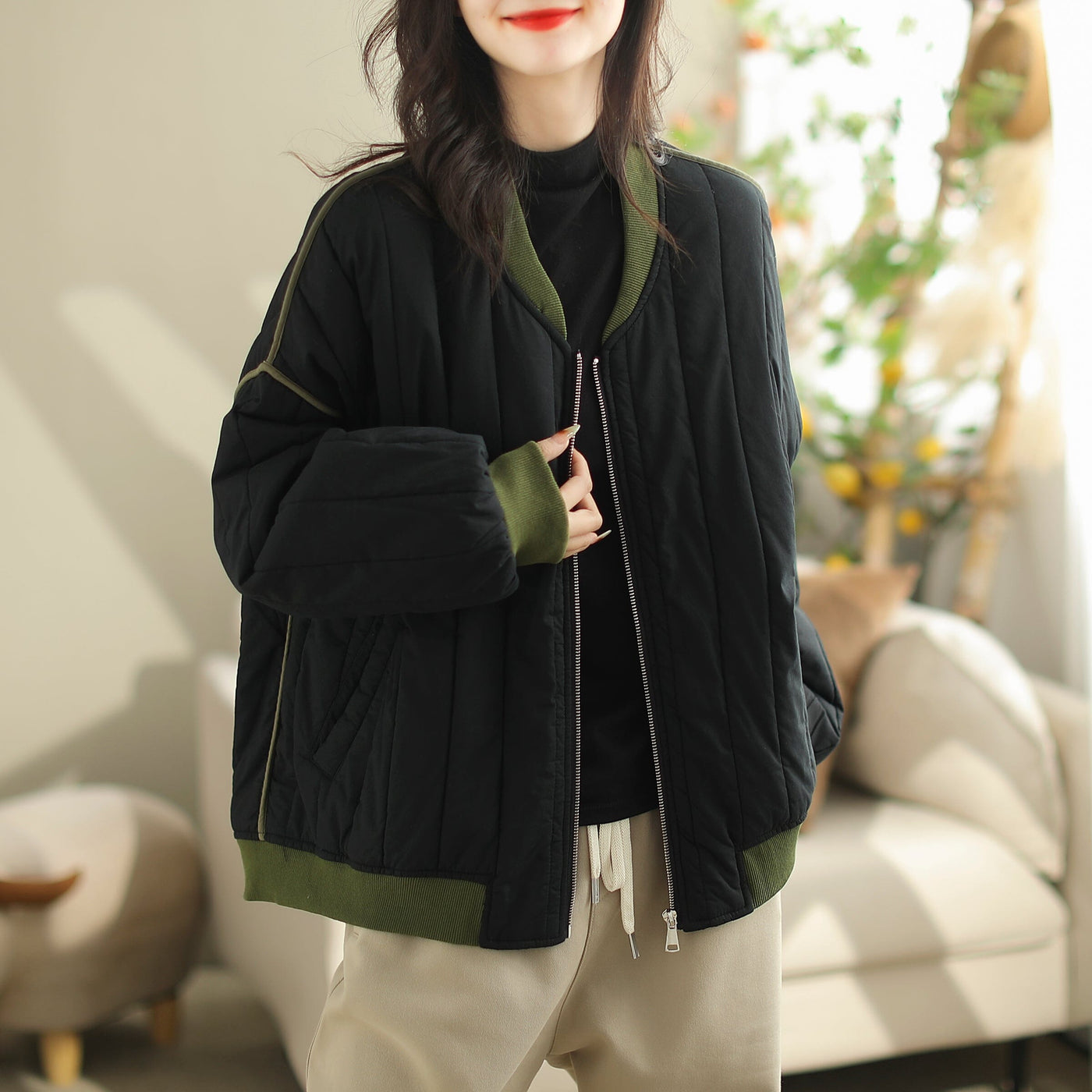 Women Stylish Cotton Quilted Loose Jacket Oct 2023 New Arrival One Size Black 
